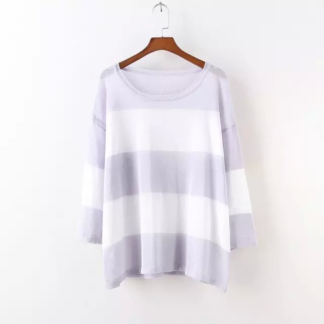 Fashion women white striped print pullover knitwear Casual loose O neck Three Quarter Sleeve knitted Thin sweater Tops