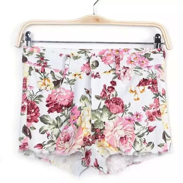 Fashion Womens Elegant Floral Print Denim Zipper pocket causal Plus Size Slim brand design shorts