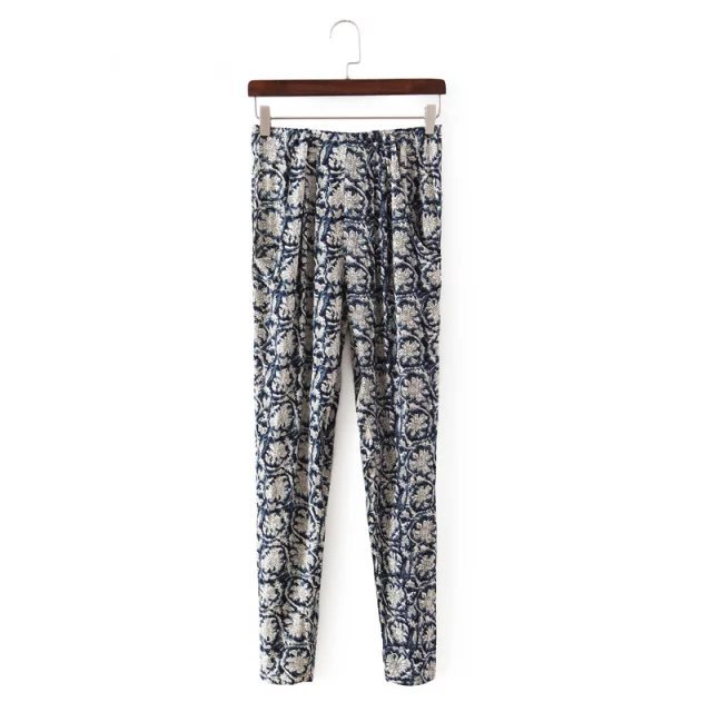 Fashion women's Elegant Floral print pocket pants cozy trouses elastic waist pants casual slim pants