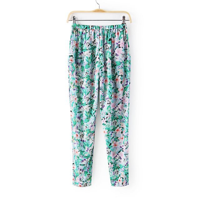 Fashion women's Elegant green with pink floral suit pants leisure pants elastic waist slim trousers designer pants