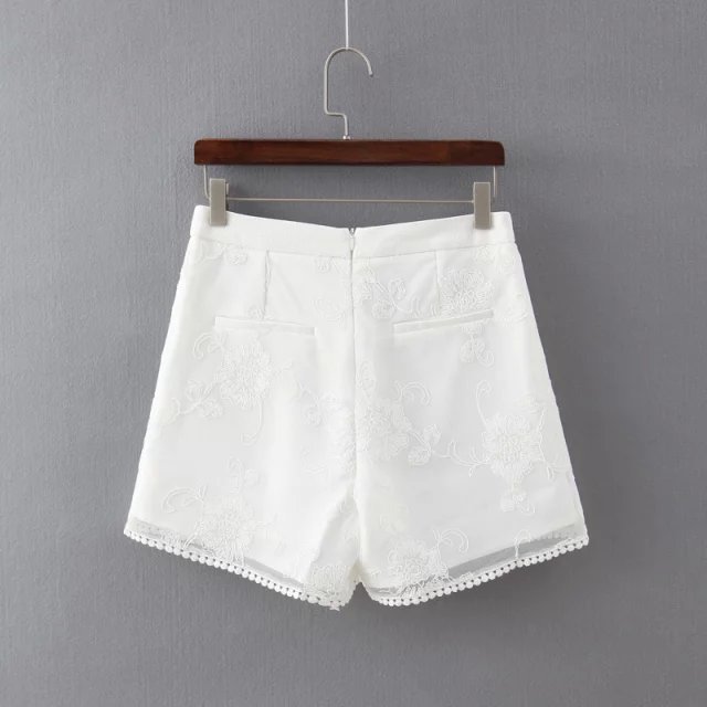 Fashion Womens Elegant Mesh Lace Embroidery vintage Zipper pocket causal brand design shorts