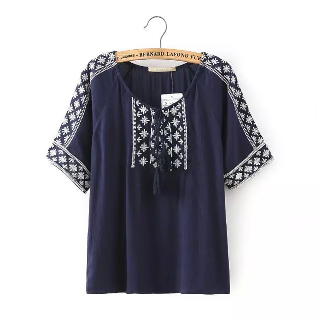 Fashion Womens mexican Embroidery Blouse Vintage O Neck Half Sleeve Blue Shirts Casual Brand Tops Camisas Femininas