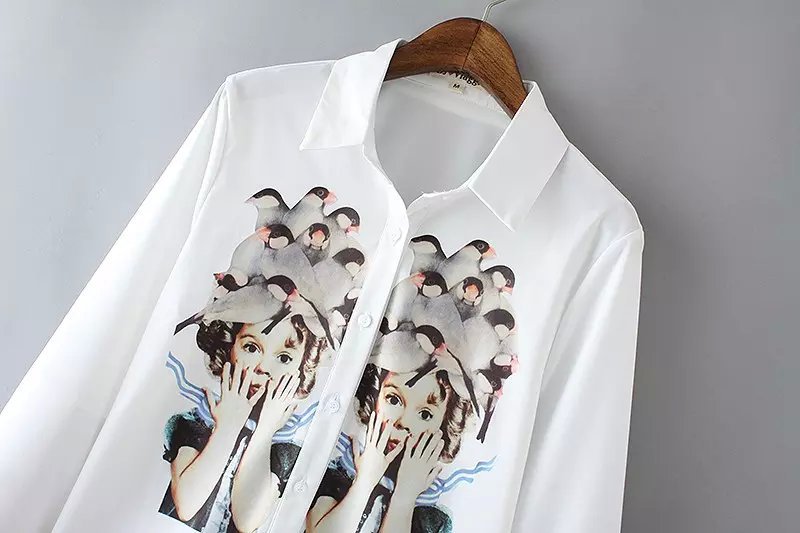 New Arrival Fashion Women Autumn Birds Girl Print White Blouse Office long sleeve Casual shirt Tops