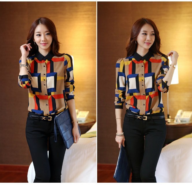 New Fashion Ladies' elegant colorful plaid print blouses long sleeve casual slim shirts brand designer tops
