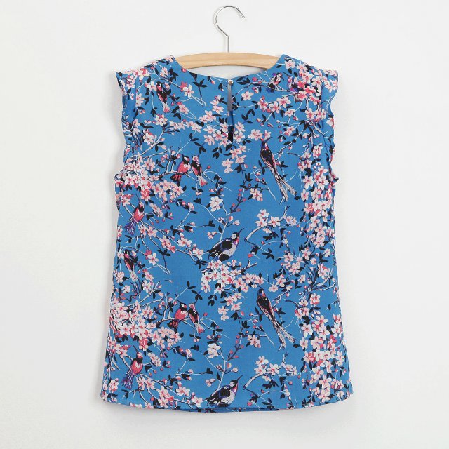 New Fashion Ladies' elegant floral bird print blue ruffles blouses O neck sleeveless Shirt casual slim designer tops