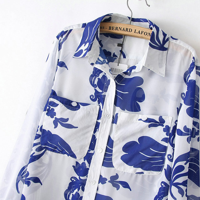 New Fashion Ladies' elegant Porcelain Pattern Floral print blouses Blue white Shirt casual shirts brand designer tops