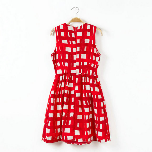 New Fashion Ladies' sweet red plaid sleeveless Dress O neck casual slim dress brand designer dress