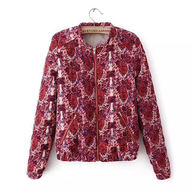 Winter New red floral pattern cotton-padded clothes Thicker outwear O Neck pocket Fashion Women cotton clothing