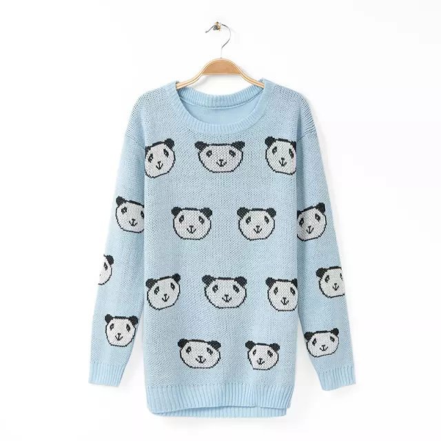 Winter women fashion Panda Pattern Blue Knit Sweaters pullovers Outerwear lady casual thick long sleeve Brand Tops