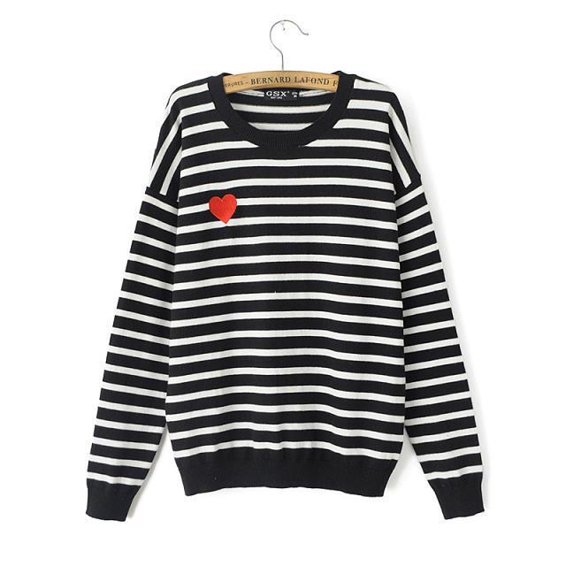 Autumn Fashion women Striped Pink Love Heart pattern Pullover knitwear O neck long sleeve Casual knitted sweaters brand