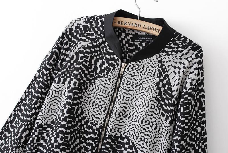 Fashion Autumn Womens Geometric Print Zipper Coat Casual Long sleeve V neck Elastic waist Jacket brand tops