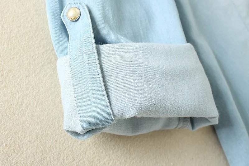 Fashion elegant floral blue Denim shirts blouses For Women long sleeve casual camisa jeans blusa tops plus size
