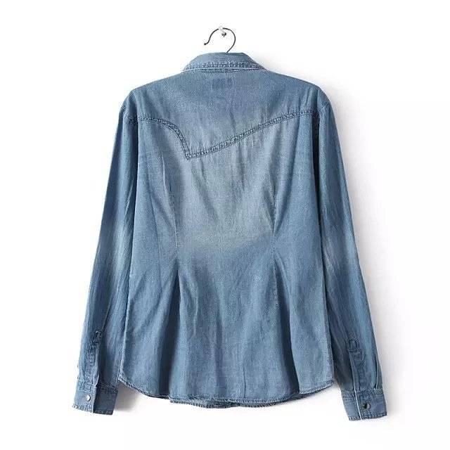 Fashion Female elegant blue Denim shirts blouses For Women Pocket long sleeve casual camisa jeans blusa tops plus size