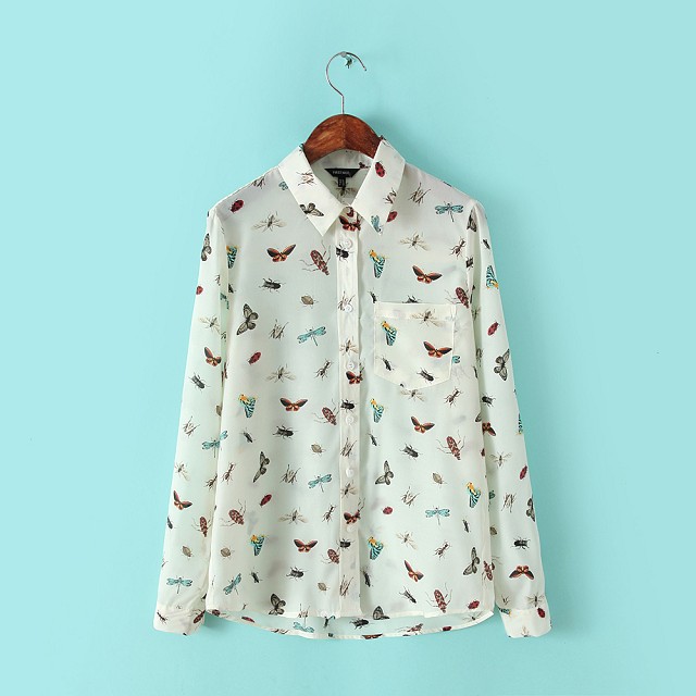 Fashion female women OL work wear vintage Butterfly print blouse long sleeve Shirts casual blusas top 01JH54