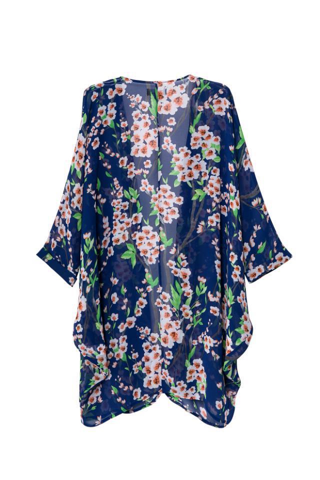 Fashion Ladies' elegant blue floral print loose Kimono cape non-button coat outwear vintage casual Cardigan brand tops