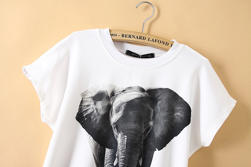 Fashion Ladies Elegant elephant printed T shirt O Neck short sleeve white Shirts Casual Brand Tops