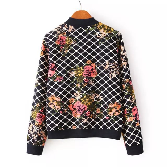 Fashion Ladies' elegant plaid floral print short coat outwear vintage zipper pockets Jacket casual slim brand top