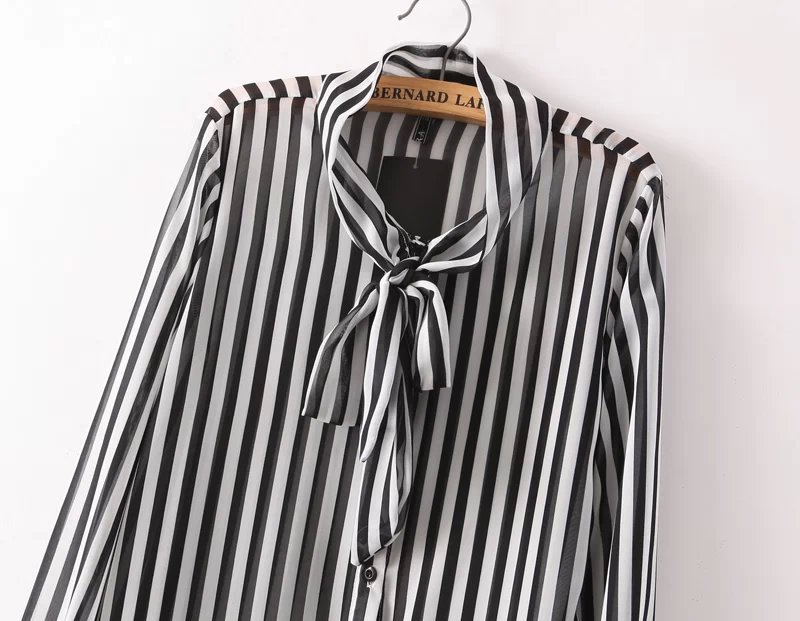 Fashion lady elegant classic striped print blouses sweet bow tie neck long sleeve OL shirts casual slim tops promotion