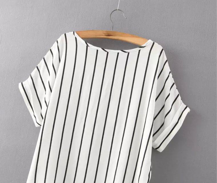 Fashion New Women Elegant Stripe T shirt O Neck Batwing short sleeve pocket white Shirts Casual Brand Tops