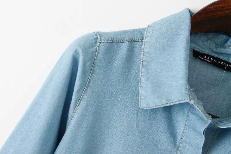 Fashion Office Lady blue Denim shirts blouses For Women long sleeve Large pocket casual camisa jeans blusa tops