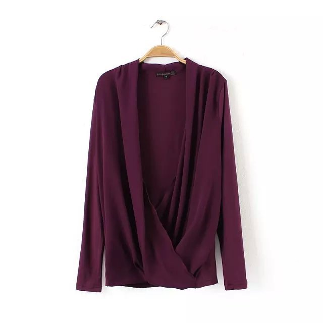 Fashion office lady elegant cross Patchwork blouses vintage Long sleeve V-neck shirts casual brand tops