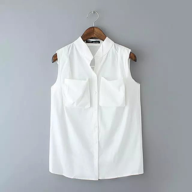 Fashion Office Lady Standing Collar blouse shirt Pocket vintage sleeveless casual shirts