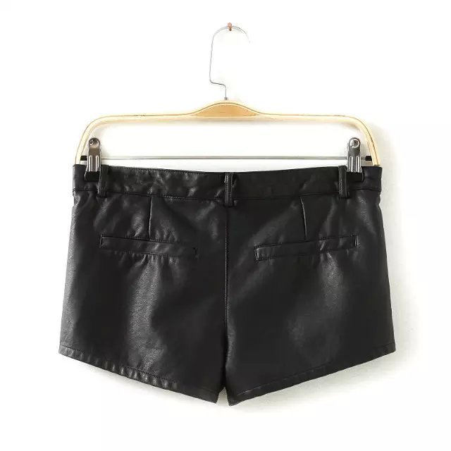 Fashion Punk Style Women Elegant rivet Faux leather vintage pockets zipper black brand quality Shorts