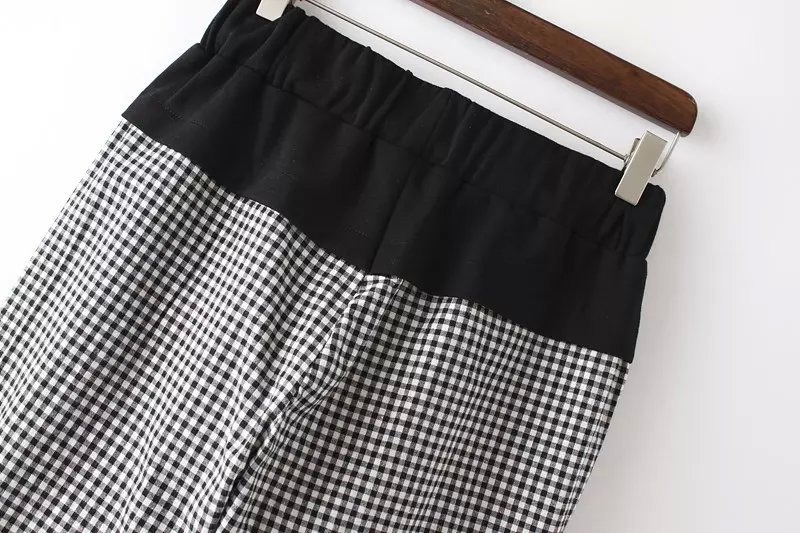 Fashion Summer Ladies' elegant Plaid print Harem pants cozy Trousers elastic waist Three Quarter pockets casual brand
