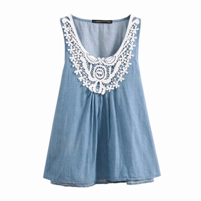 Fashion Summer Women Crochet lace Denim blouse Blue sleeveless casual round collar shirts beach holiday