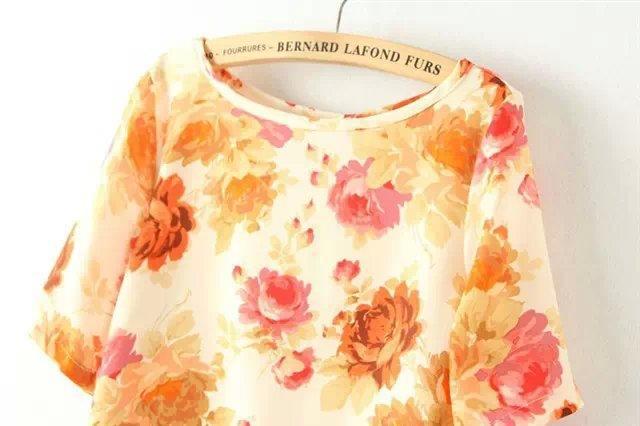 Fashion Summer Women Elegant floral printed Blouse O-neck short Sleeve shirts casual tops