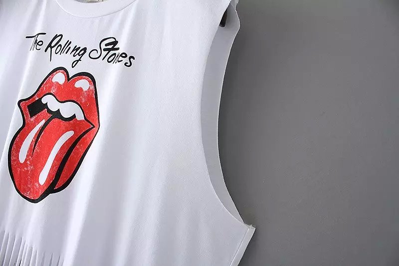 Fashion Summer Women Elegant Punk Rock Red lips Print Tassel short T shirts O-neck sleeveless white Casual Crop Tops
