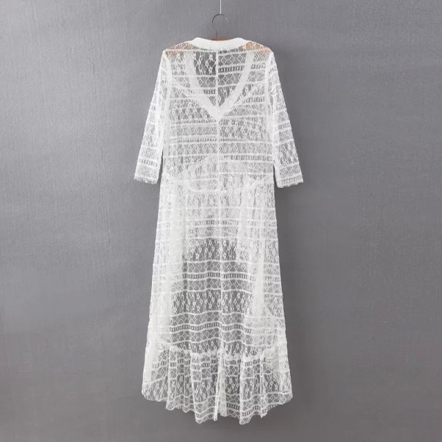 Fashion Summer Women Lace Hollow out White beach Long Dresses Trumpet V-neck Half sleeve Casual brand vestidos robe