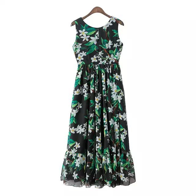 Fashion Summer Womens Floral print Pleated Maxi Green Dresses O neck Sleeveless Ruffle casual dress