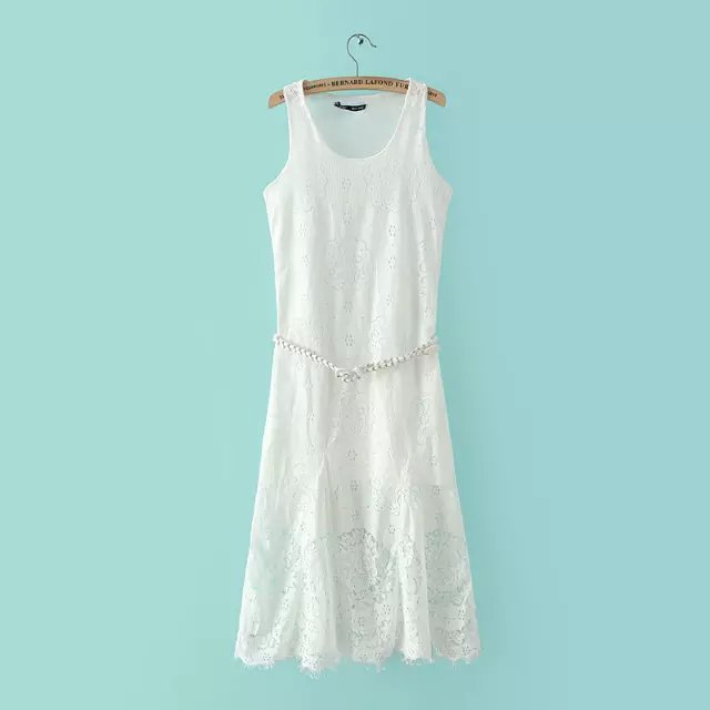 Fashion Woman Summer pleated Lace cotton Sashes dresses Sexy O-Neck sleeveless dress casual brand