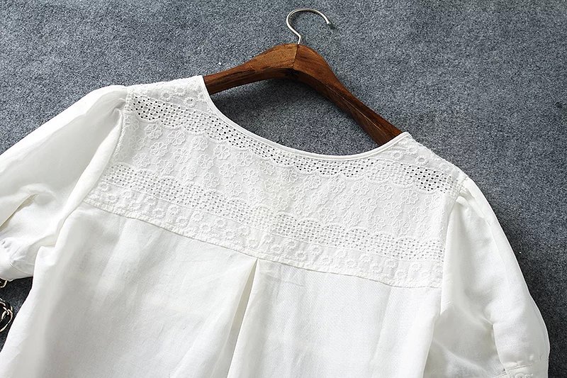 Fashion Women Cotton Linen Elegant Embroidery Hollow out Blouse O-neck Short Sleeve white shirts XL Plus Size casual tops