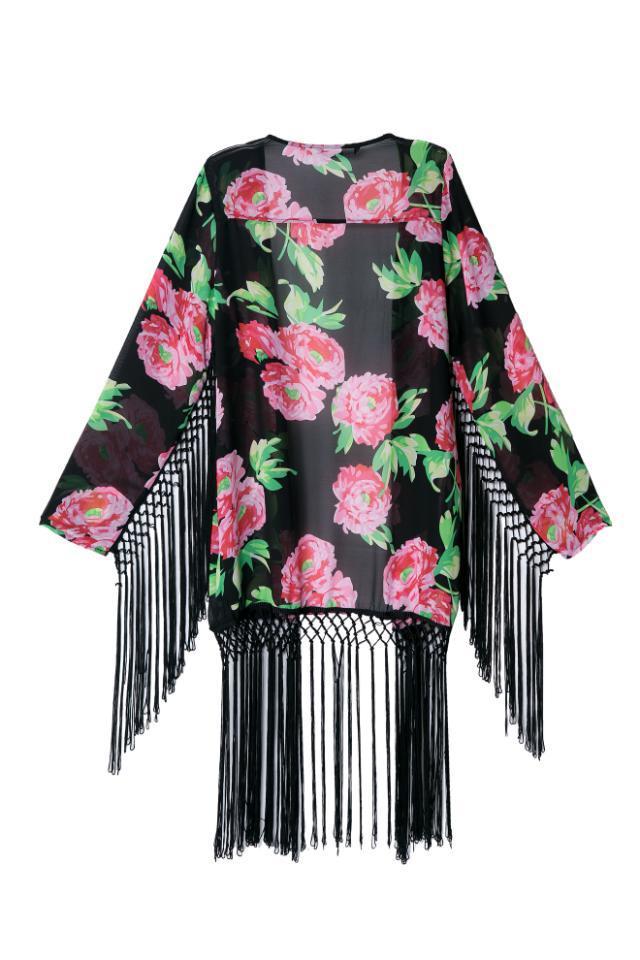 Fashion women elegant big floral print tassel Kimono outwear loose vintage cape coat cardigan casual brand designer tops