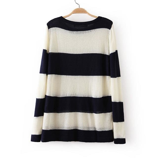 Fashion women elegant black striped print white pullover knitwear Casual loose O neck long Sleeve knitted Thin sweater Tops