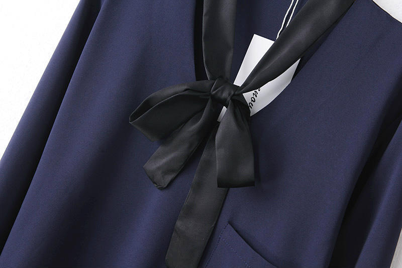 Fashion women elegant bow tie strip V neck long navy blouses vintage long sleeve pocket shirts casual slim brand tops