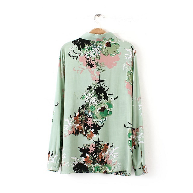 Fashion Women elegant floral print Green blouses OL pocket turn down collar long sleeve shirt casual brand design tops