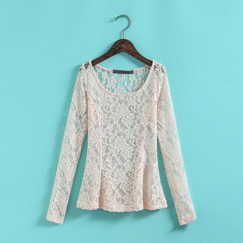 Fashion women Elegant lace Hollow out blouse shirt long sleeve O neck casual slim brand designer tops promoition