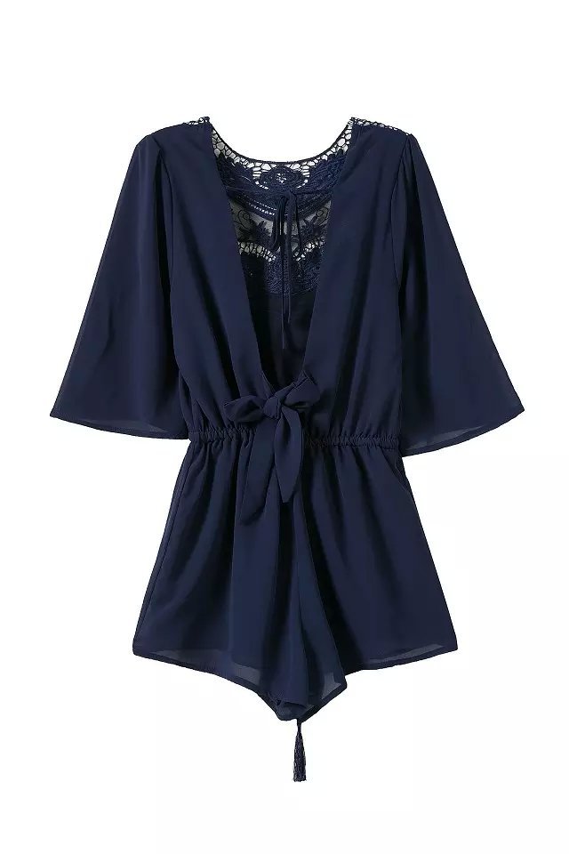 Fashion Women Elegant Lace Patchwork backless Navy Blue Jumpsuits Half sleeve Elastic Waist Tunic Casual Plus Size Rompers