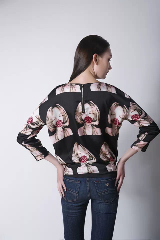 Fashion Women Elegant rose girl print chiffon T shirt O neck three quarter sleeve shirts casual loose tops