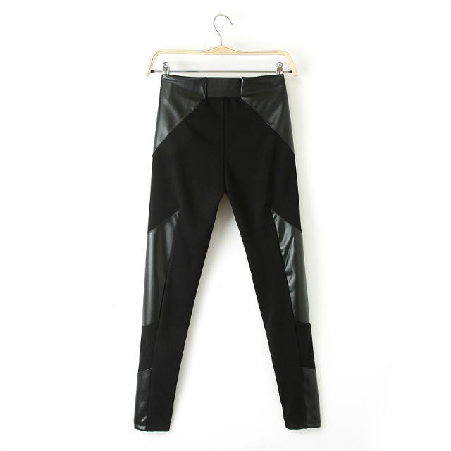 Fashion women elegant sexy faux leather spliced Skinny pant cozy trouses elastic waist casual slim brand pencil pant