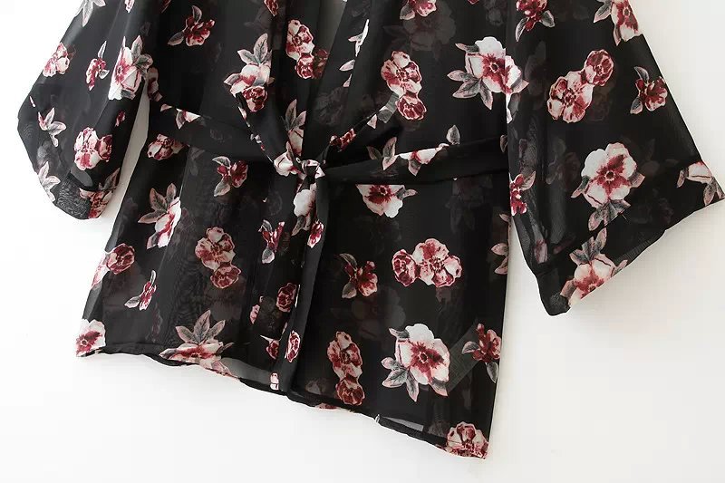 Fashion women floral skin print loose kimono non-button cape outwear casual brand tops with belt 02AZ15