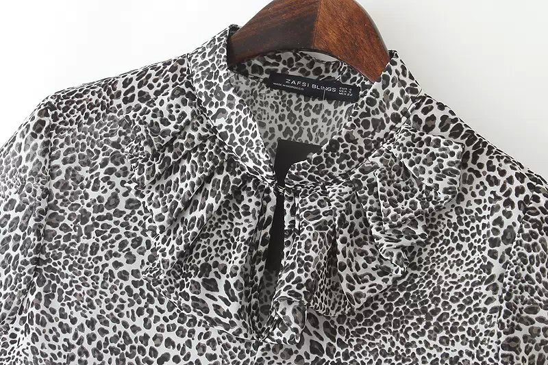 Fashion women Korean Fashion Leopard stand collar office lady ruffle blouses shirts vintage short Sleeve tops