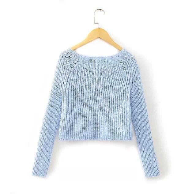 Fashion women vintage hollow out short crop Pullover blue white Casual slim knitted sweater long sleeve brand tops