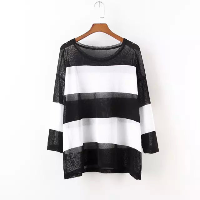 Fashion women white striped print pullover knitwear Casual loose O neck Three Quarter Sleeve knitted Thin sweater Tops