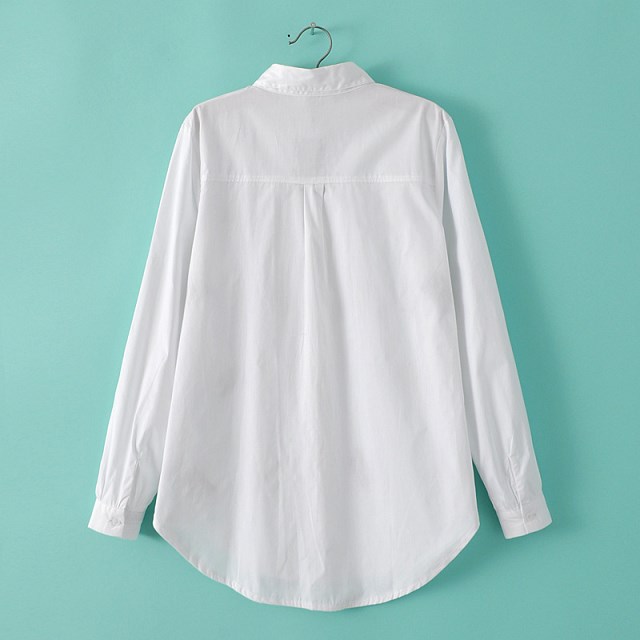 Fashion Womens Elegant Cartoon Embroidery Cotton White blouse Turn down collar Long sleeve shirts casual Slim tops