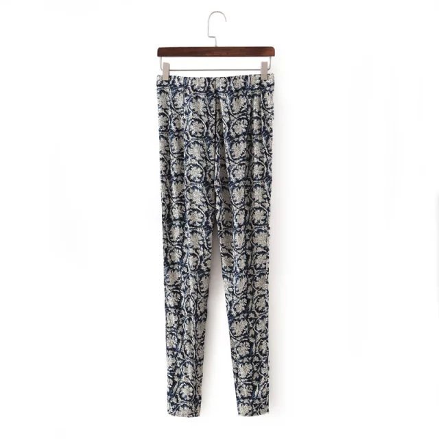 Fashion women's Elegant Floral print pocket pants cozy trouses elastic waist pants casual slim pants