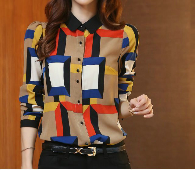New Fashion Ladies' elegant colorful plaid print blouses long sleeve casual slim shirts brand designer tops